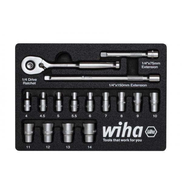 Wiha 44683 333-91 Soket Seti 17 adet Metrik 1/4 Tahrik Ratchet anahtar seti, 1/4" 16 pc. Köpük iç kısmında