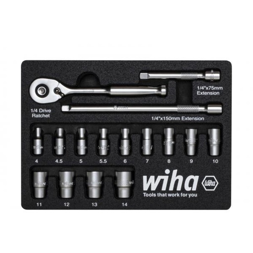 [W44683] Wiha 44683 333-91 Soket Seti 17 adet Metrik 1/4 Tahrik Ratchet anahtar seti, 1/4" 16 pc. Köpük iç kısmında